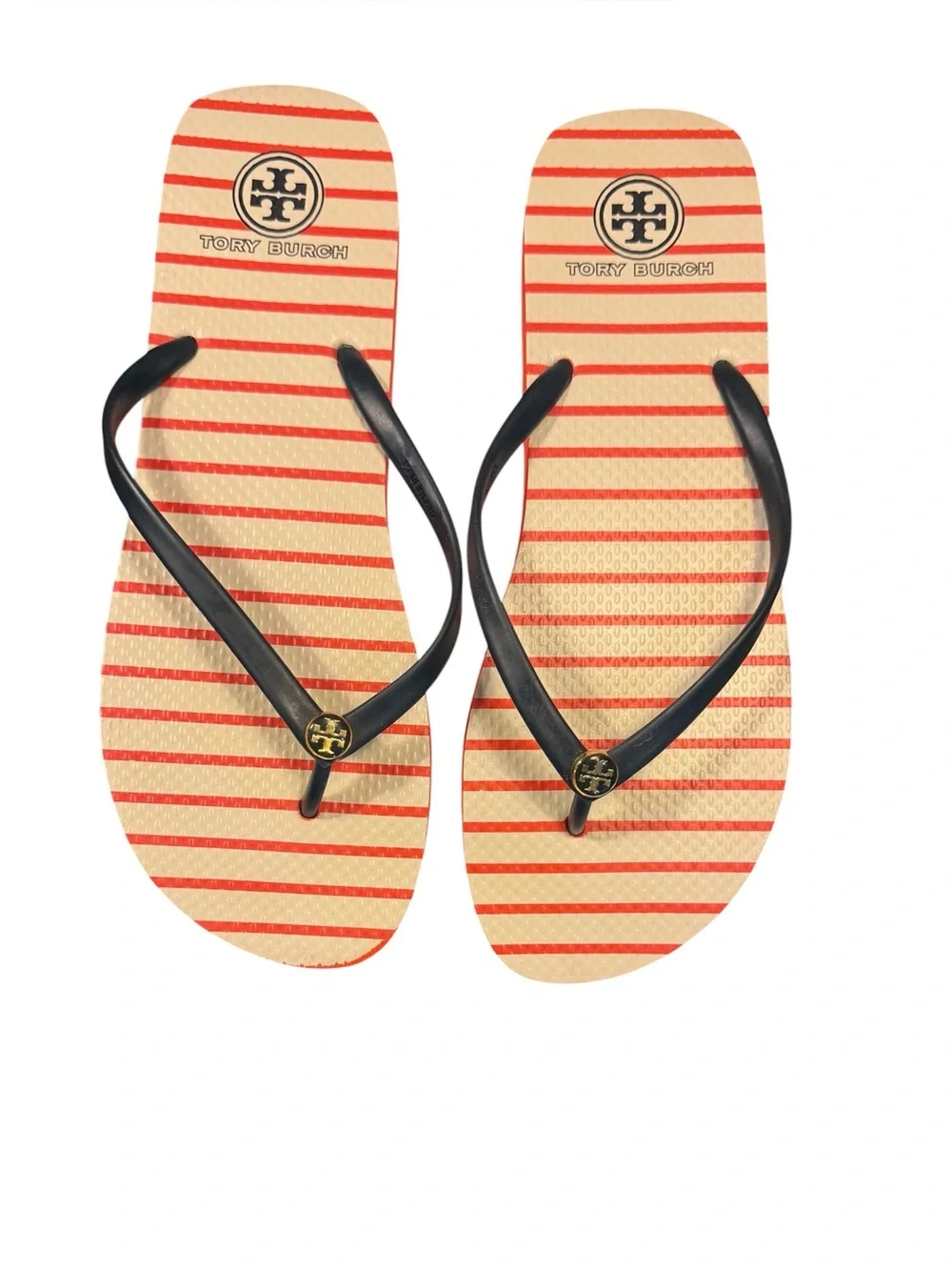 Tory Burch Cream Orange Striped Flip Flop Sandals with Navy Straps Size 11